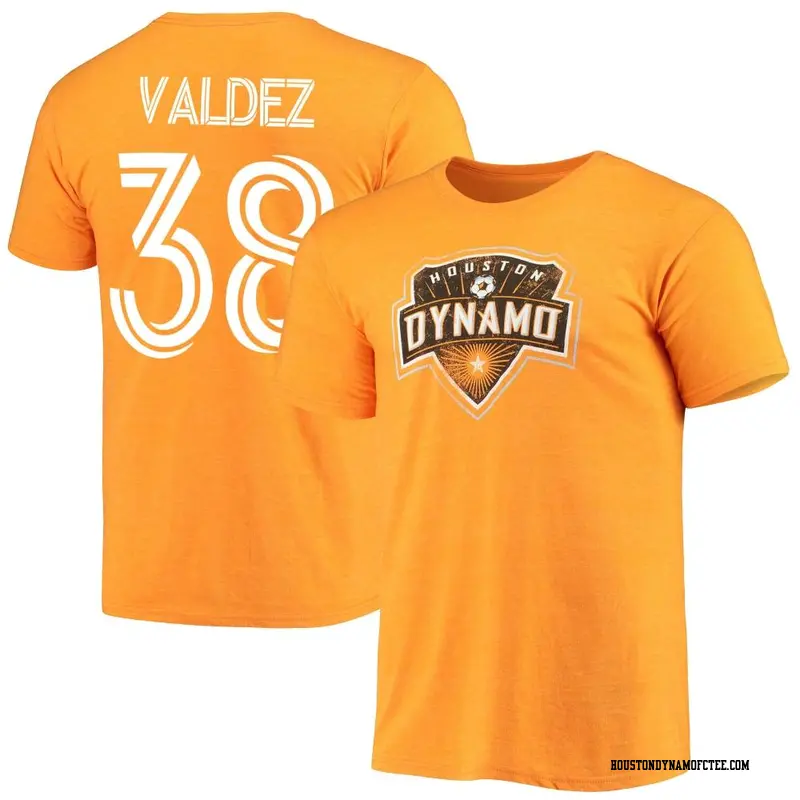 Men's Houston Dynamo FC ＃38 Xavier Valdez Orange Name & Number Distressed T-Shirt