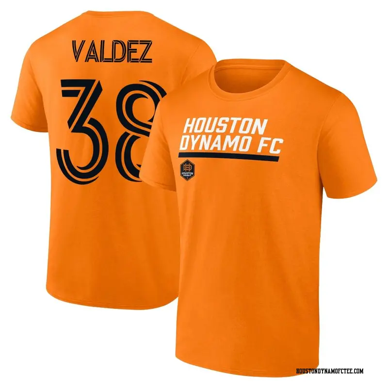 Men's Houston Dynamo FC ＃38 Xavier Valdez Orange Name & Number Stacked Slant T-Shirt
