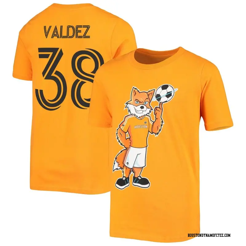 Men's Houston Dynamo FC ＃38 Xavier Valdez Orange Name & Number Standing Mascot T-Shirt