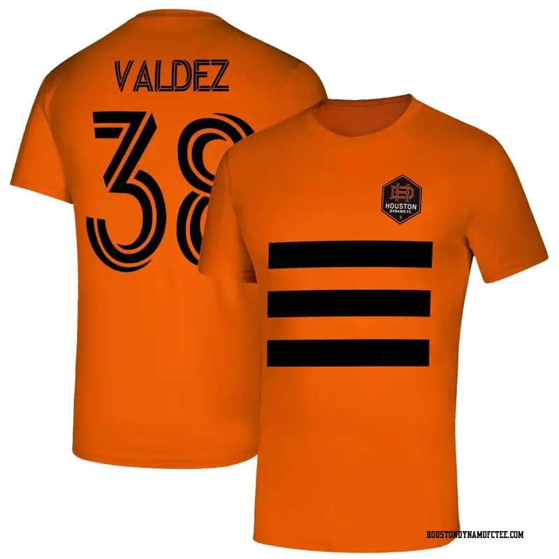 Men's Houston Dynamo FC ＃38 Xavier Valdez Orange Name & Number Three Stripe Life Pitch T-Shirt
