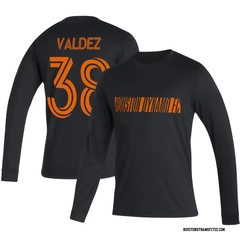 Youth Houston Dynamo FC ＃38 Xavier Valdez Black Name & Number Vintage Performance Long Sleeve T-Shirt