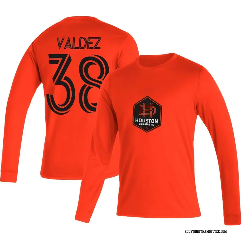 Youth Houston Dynamo FC ＃38 Xavier Valdez Orange Name & Number Club Long Sleeve T-Shirt
